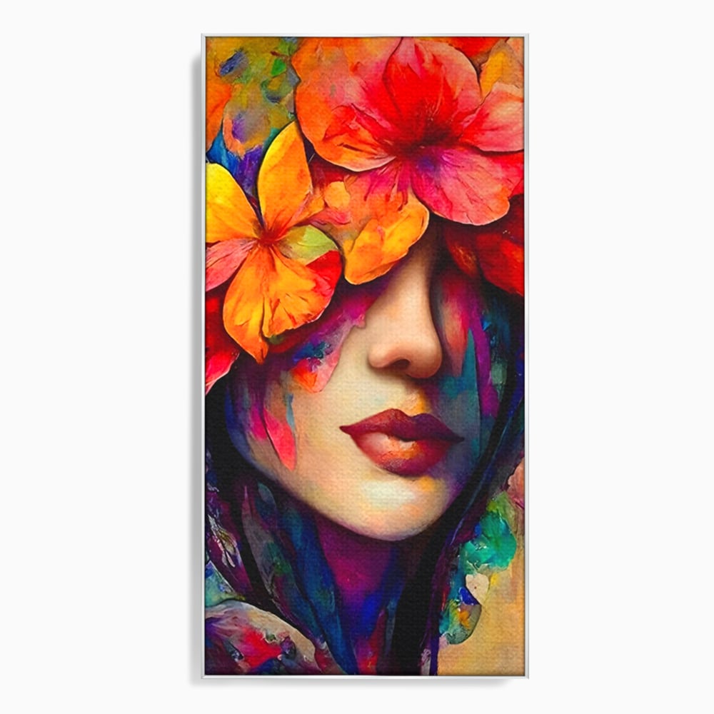 Tablou canvas cu tablou canvas cu portret feminin si flori, in rama de aluminiu argintiu